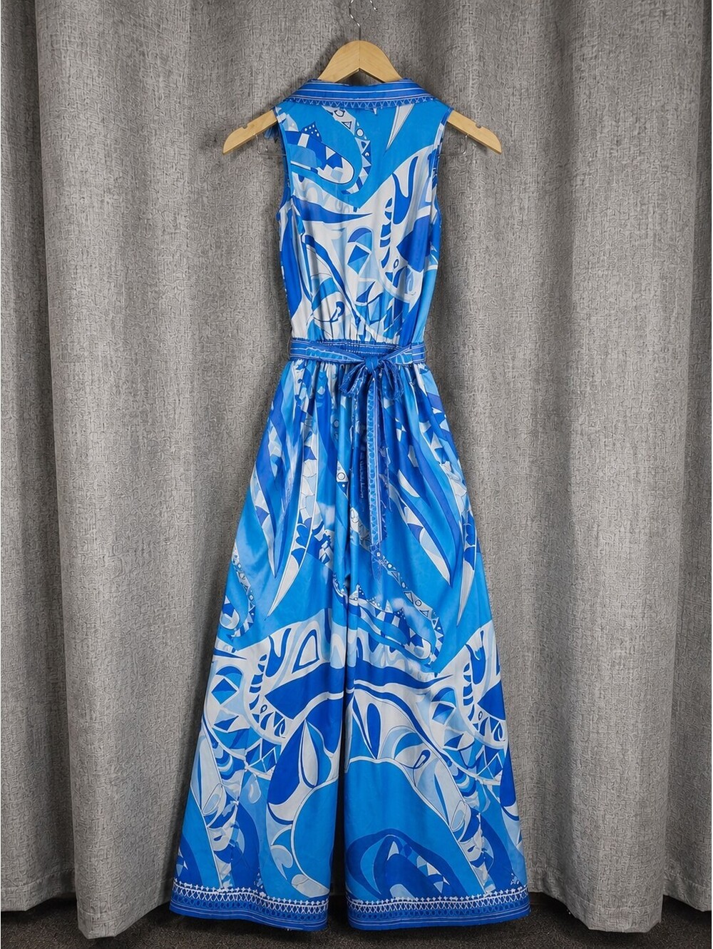 Fashion Nova Blue White Abstract Print Wide Leg Palazzo Jumpsuit Belted - Picture 3 of 5